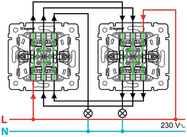 Схема подключения проходного двухклавишного выключателя с 3х мест на 2 лампочки