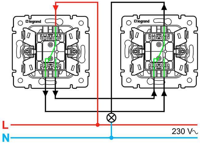 Принципиальная электрическая схема подключения однополюсных одноклавишных проходных выключателей