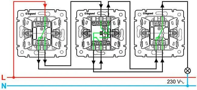 Принципиальная схема подключения двухполюсных двухклавишных проходных и промежуточного выключателей