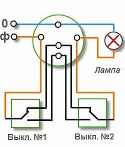 Монтажная схема подключения однополюсных одноклавишных проходных выключателей
