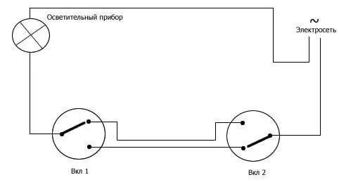 Схема подключения одноклавишных переключателей для управления светильниками с двух мест