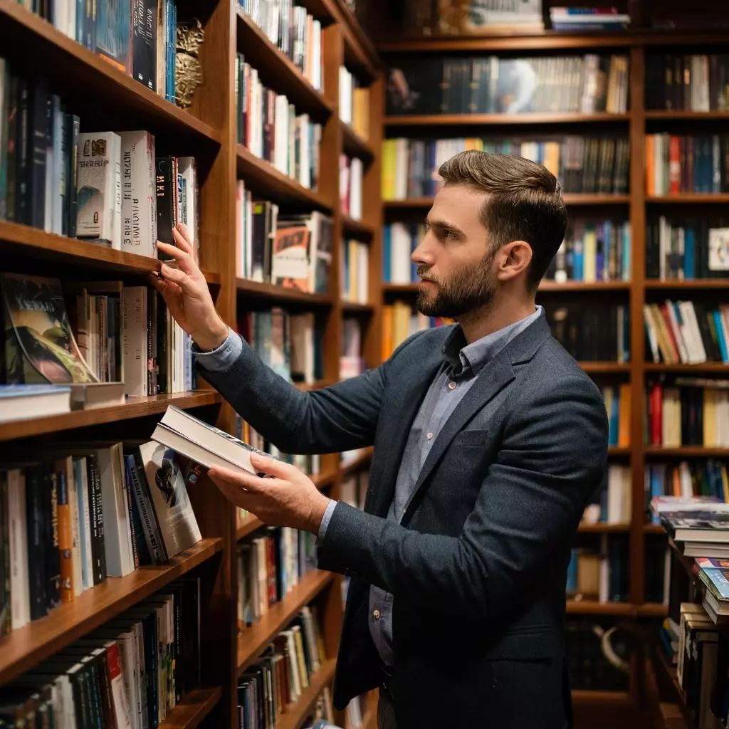 человек выбирает книгу в книжном магазине, окружённый полками с книгами