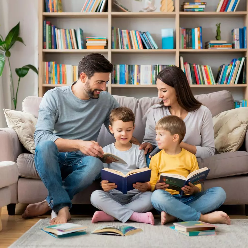 дети читают книги вместе с родителями в уютной комнате