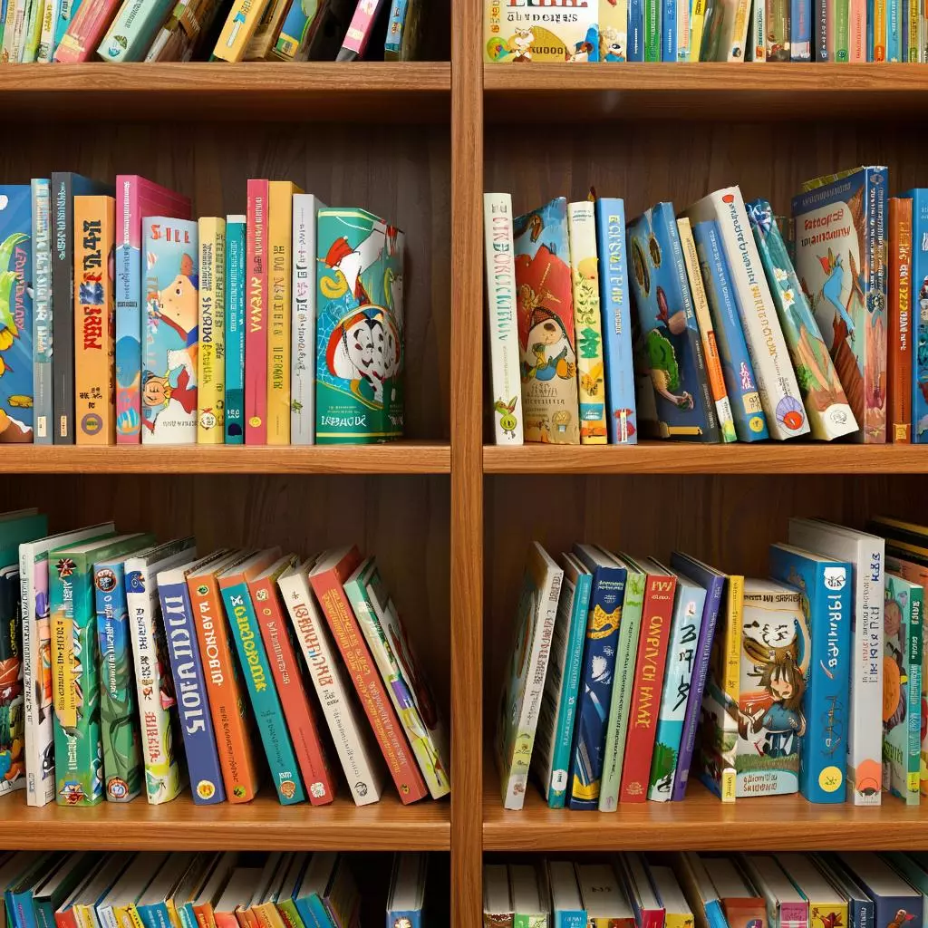 разнообразие детских книг на полке в библиотеке