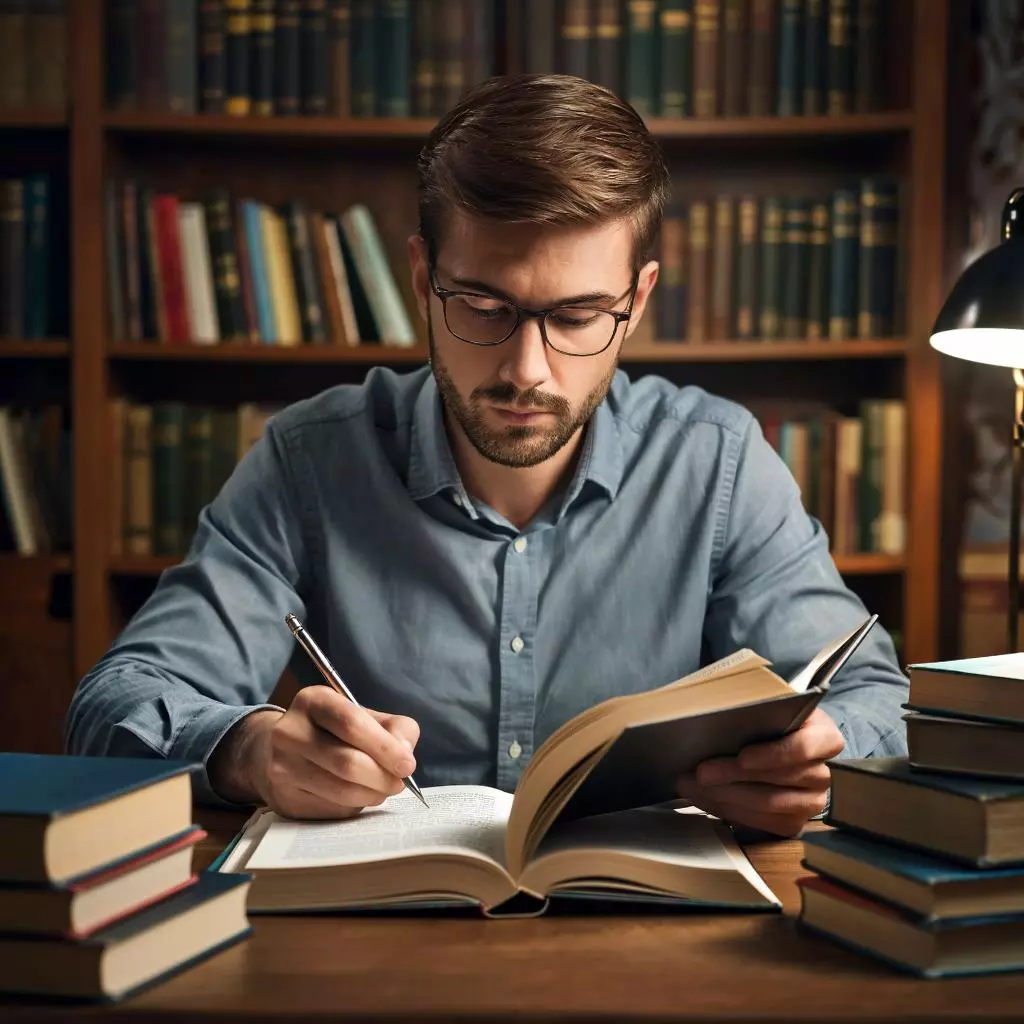 человек читает книгу на иностранном языке с заметками и словарем