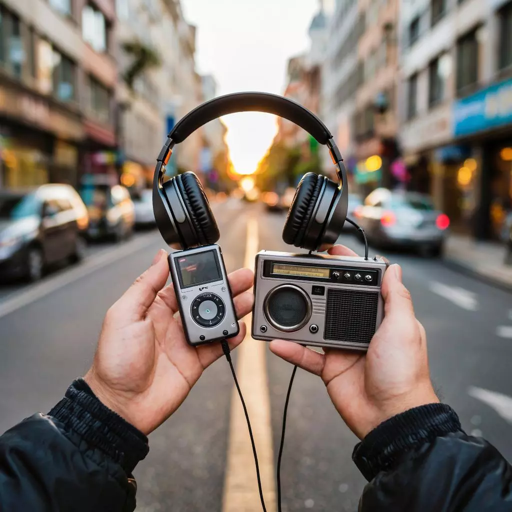наушники с mp3 плеером и радио в руках пользователя на улице