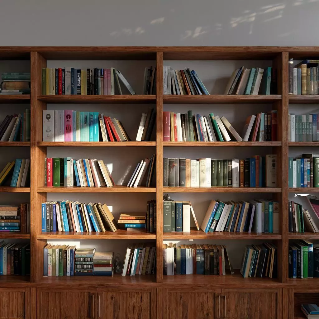 книжная полка с аккуратно расставленными книгами в тени