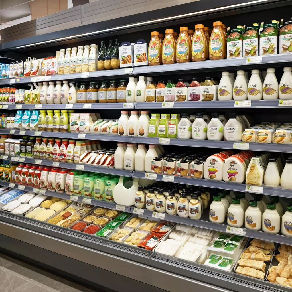 разнообразие молочных продуктов на полках магазина