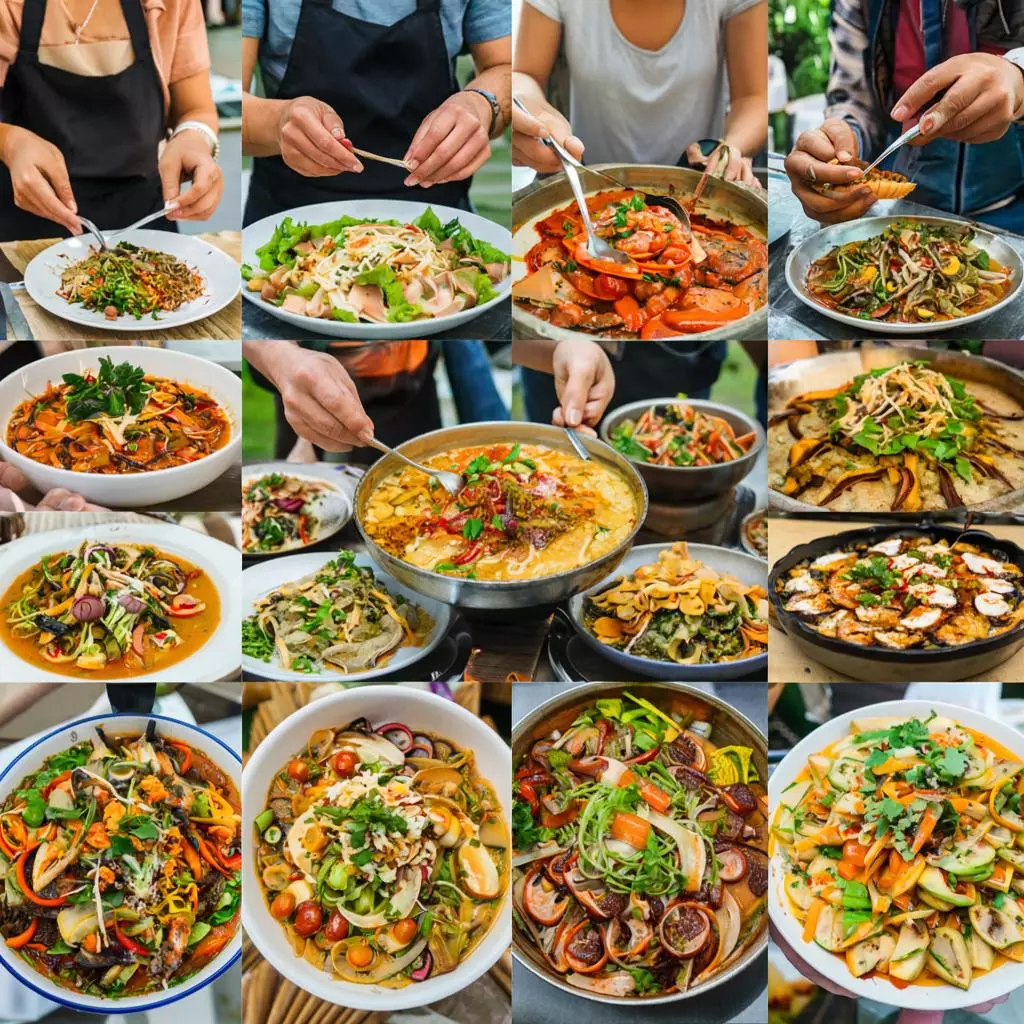 фестиваль местной еды с разнообразными блюдами и людьми, пробующими еду