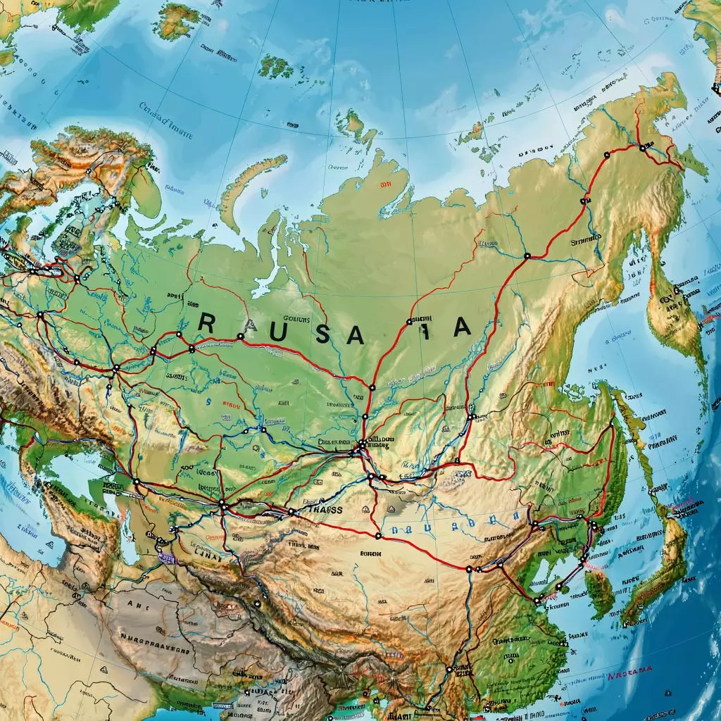 карта России с примером маршрутов автопутешествий и остановок