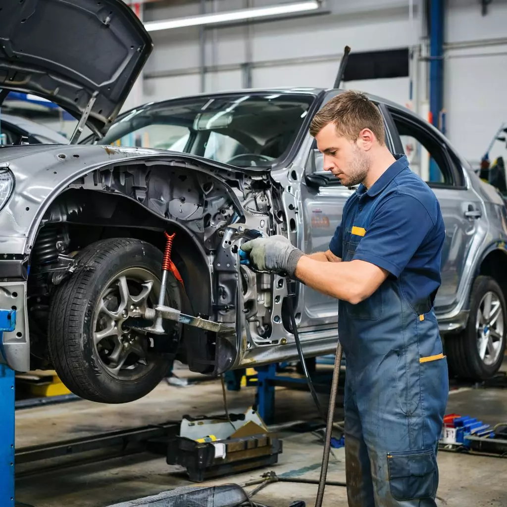 Автомеханик выполняет техническое обслуживание автомобиля