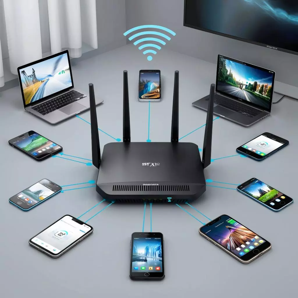wi-fi роутер в центре домашней сети с подключенными устройствами