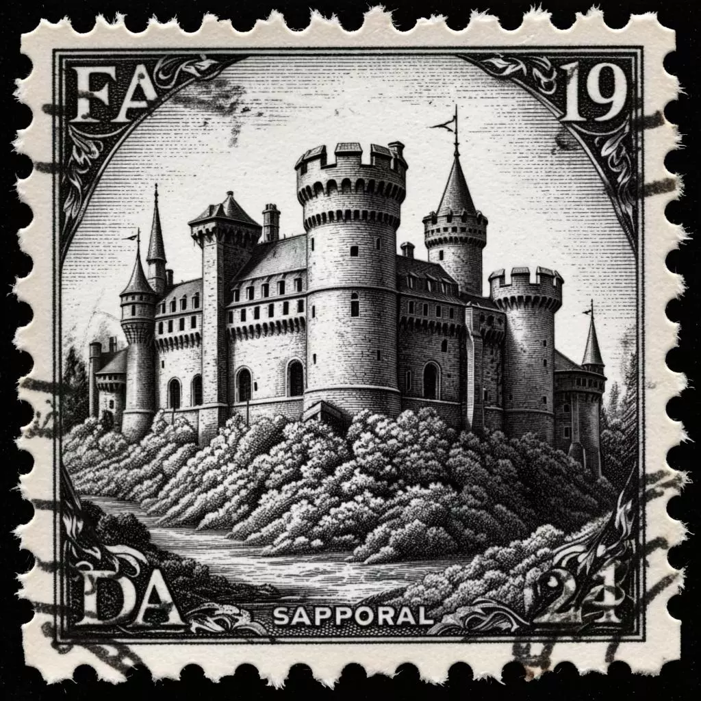 чёрно-белое фото древнего замка, напечатанного на почтовой марке
