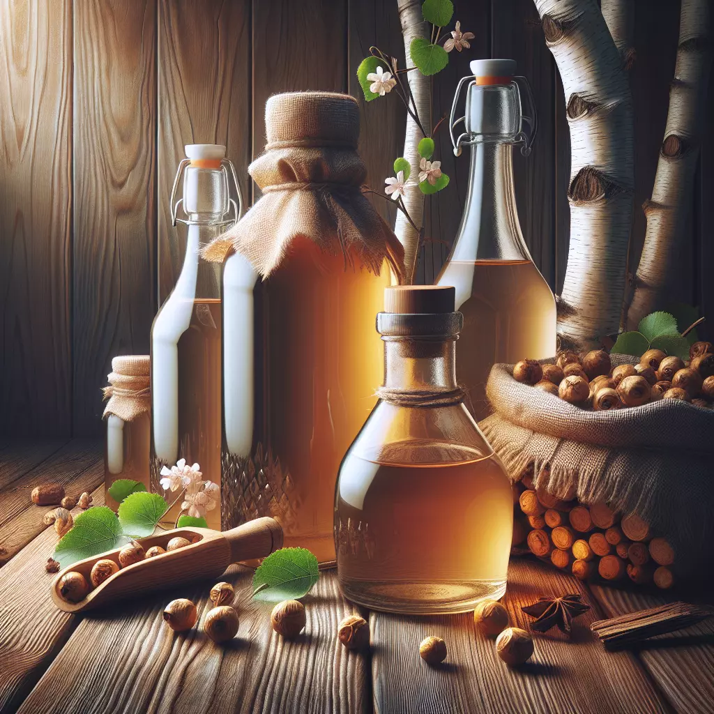 бутылки с ферментированным березовым соком на деревянном столе