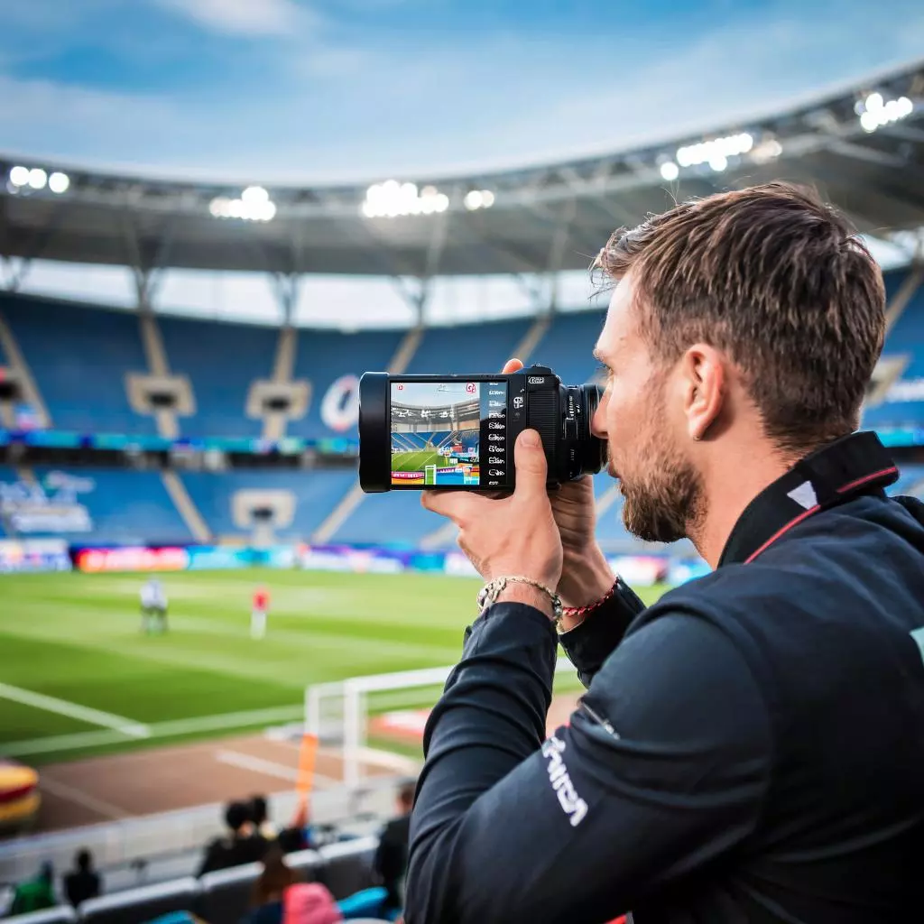 профессиональный фотограф с зеркальной камерой на спортивном мероприятии