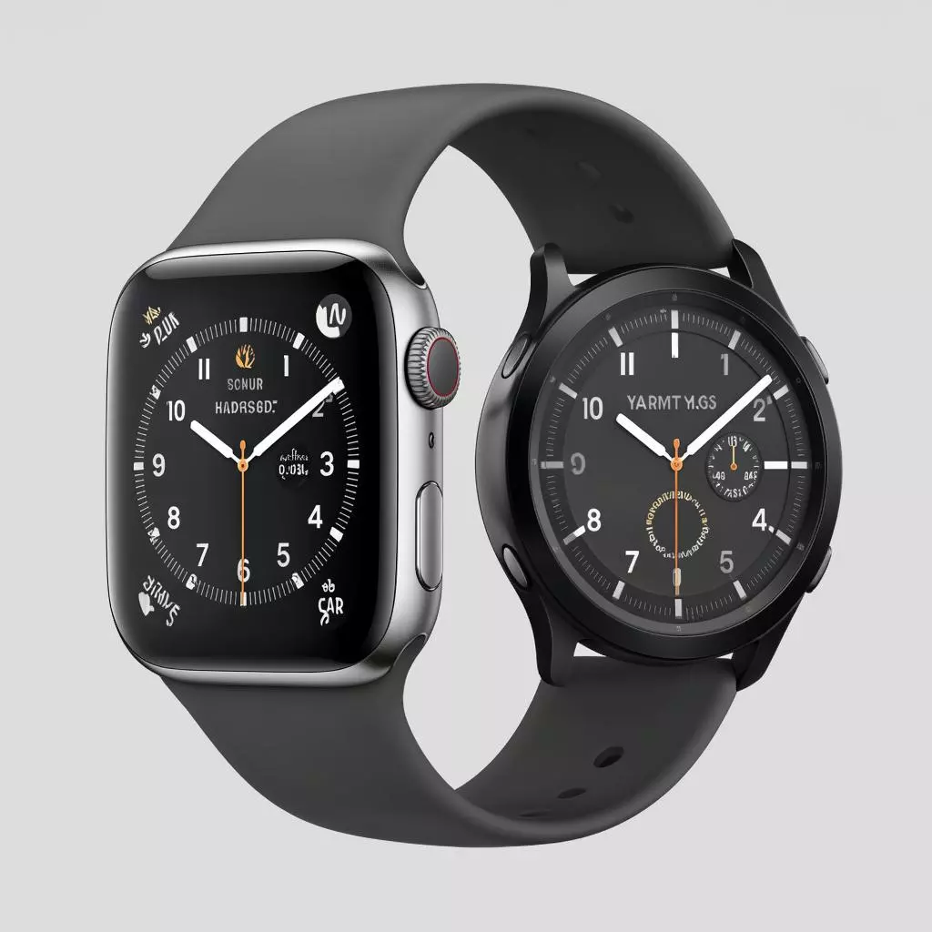 Apple Watch Series 9 и Samsung Galaxy Watch 6 на фоне современных гаджетов