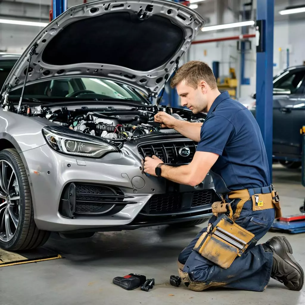 автомеханик проверяет техническое состояние автомобиля перед поездкой