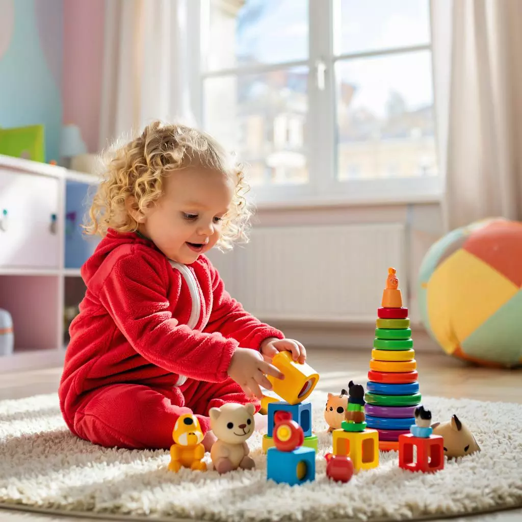 ребёнок собирает игрушки в игровой форме