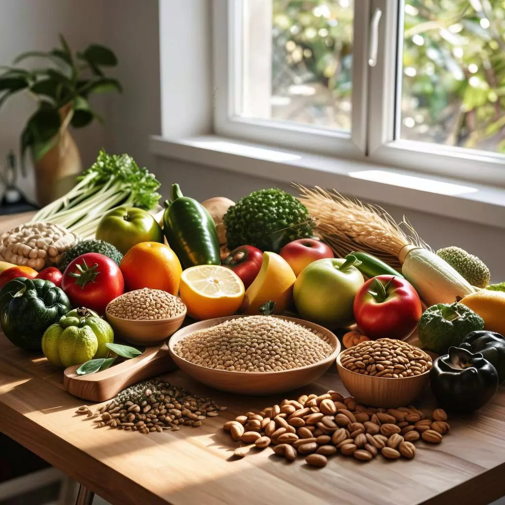 разнообразие здоровых продуктов на кухонном столе