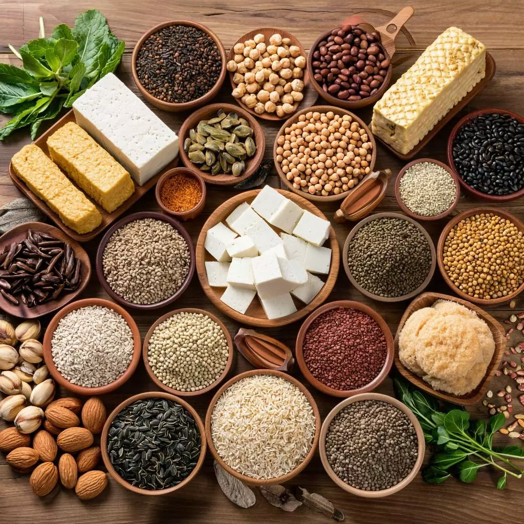 разнообразные растительные продукты и источники белка для вегетарианцев