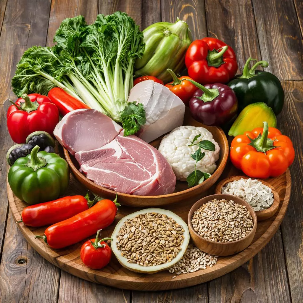 здоровый рацион с овощами, белком и цельнозерновыми продуктами