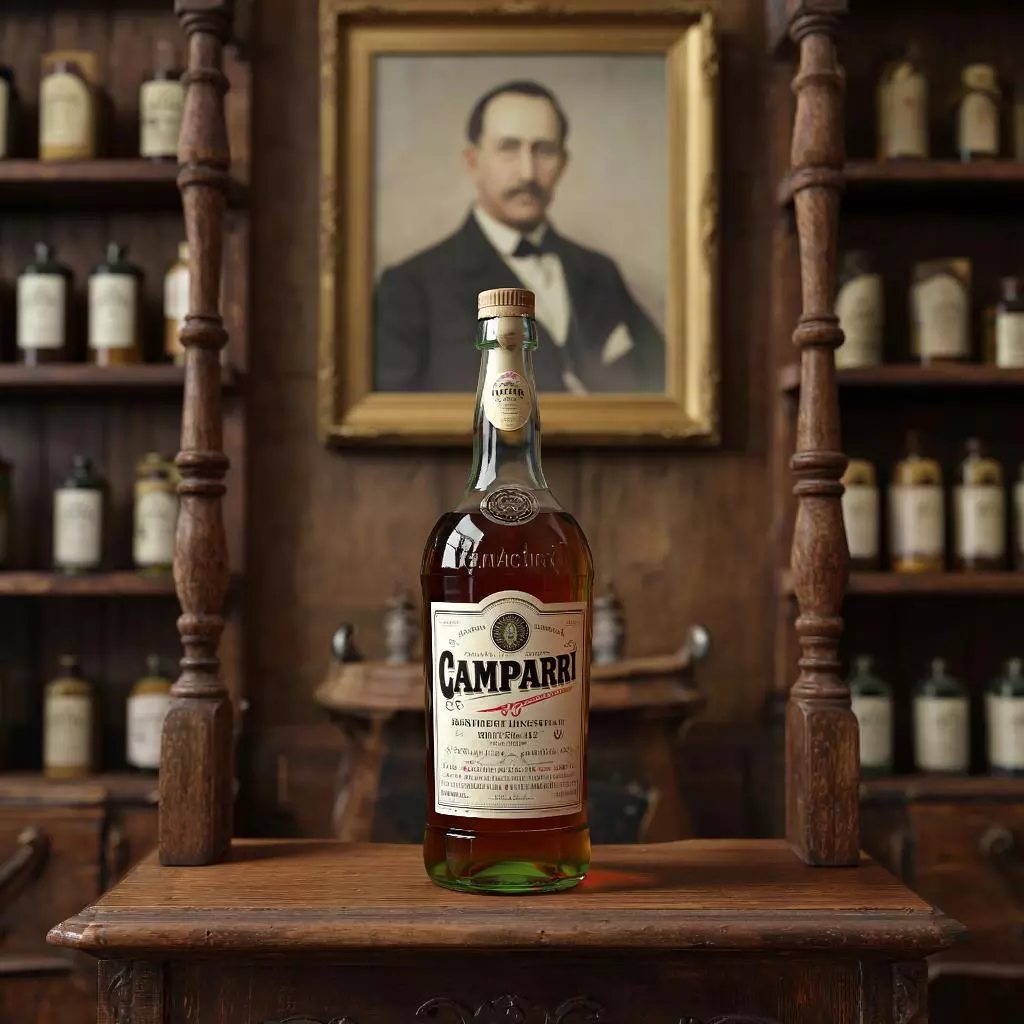 Старинная бутылка Campari и фото основателя Гаспаро Кампари в аптекарской лавке XIX века