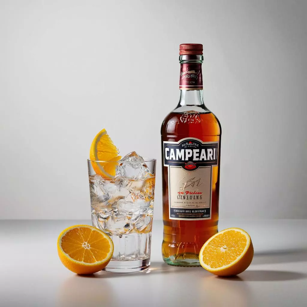 Стеклянная бутылка Campari с бокалом ледяного напитка и ломтиком апельсина