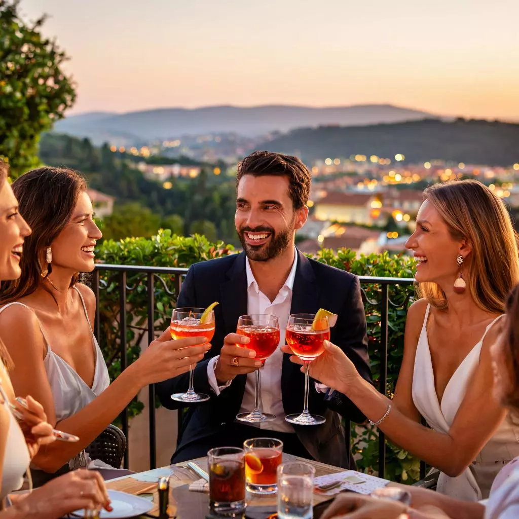 Вечерняя встреча друзей со стаканами коктейлей на базе Campari на террасе в Италии