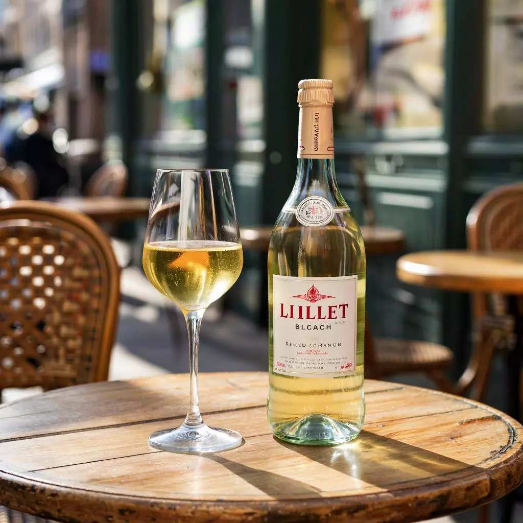Бутылка Lillet Blanc на фоне французского кафе с бокалом аперитива