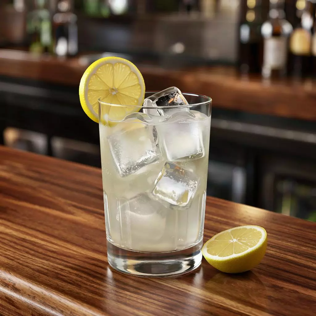 Бокал Suze Tonic с льдом и лимонной долькой на барной стойке