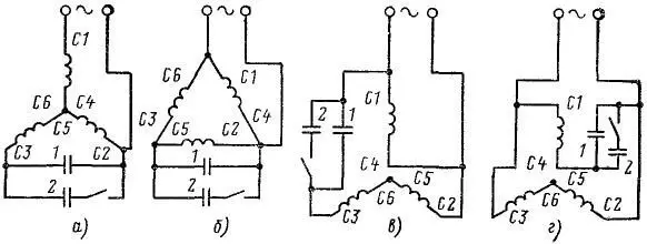 Принципиальные электрические схемы конденсаторного двигателя с тремя статорными обмотками