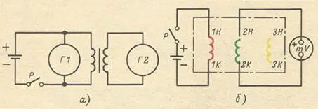 Определение взаимного направления обмоток с помощью постоянного тока