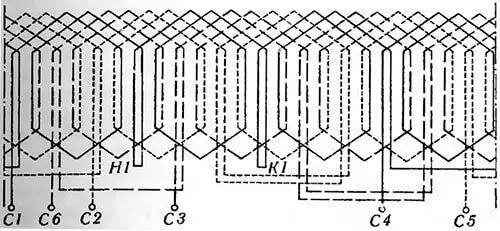 Схема трехфазной двухслойной обмотки с неправильно включенной катушечной группой